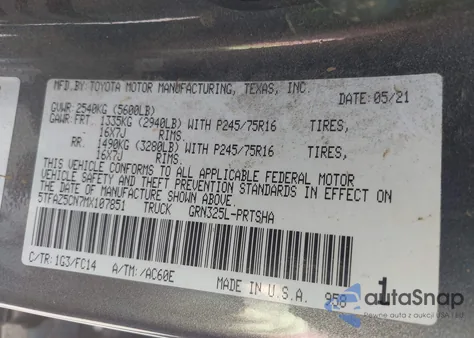 2021 Toyota Tacoma Sr5 V6 из США, поврежденный, VIN 5TFAZ5CN7MX107851